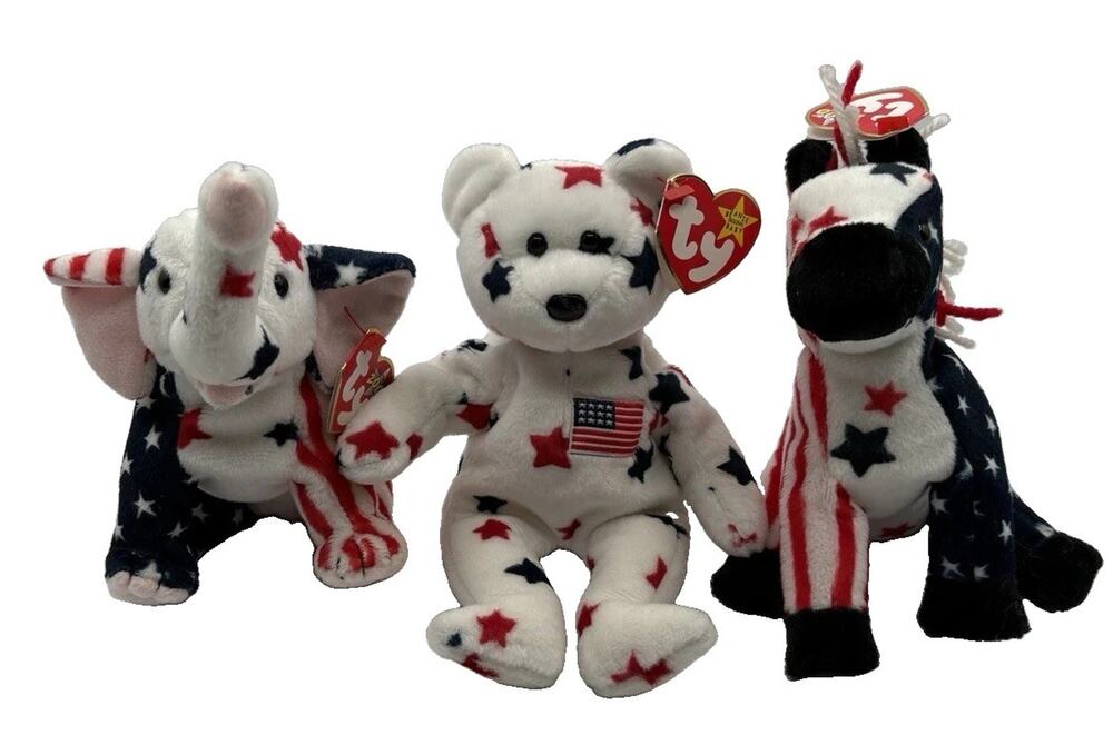 Vtg Ty Beanie Babies Patriot Lot of 3 Lefty Righty Liberty USA 2000 Tags Stars